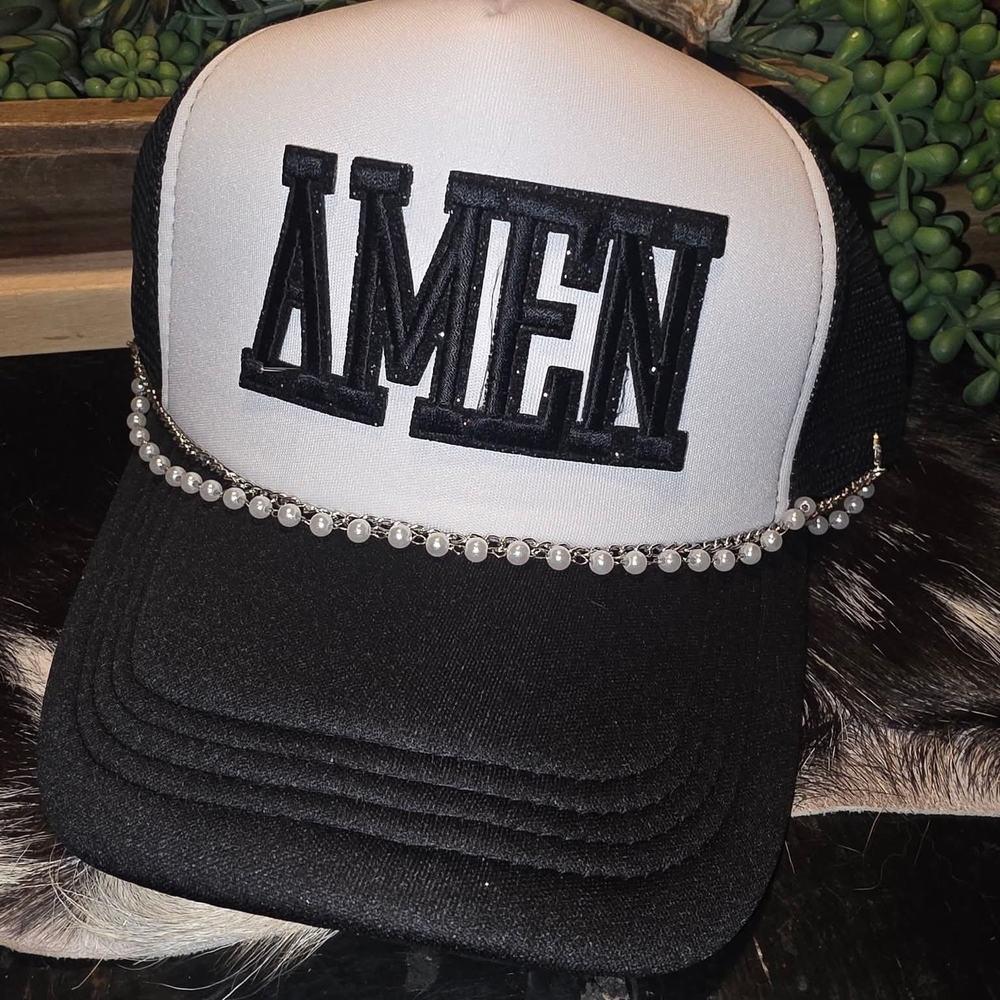 Women’s Black and White ‘AMEN’ Trucker Hat with Pearl Chain